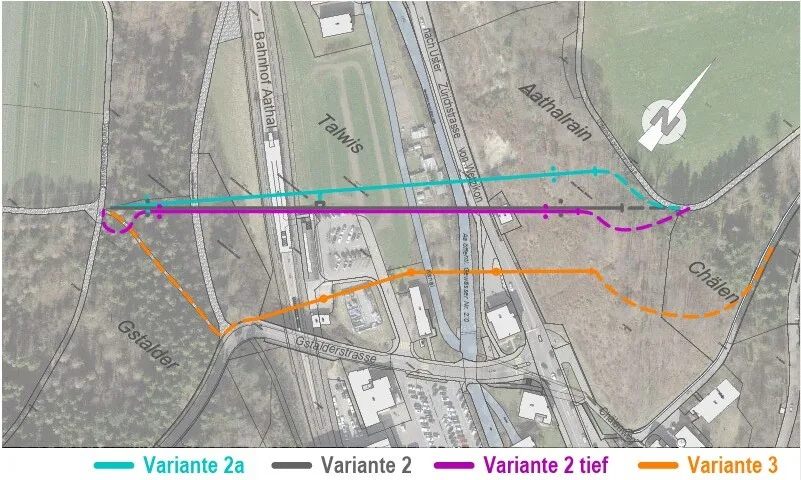 Pläne für die Fussgänger- und Velobrücke über das Aatal, Variantenstudium 2022, gewählte Variante 2a
